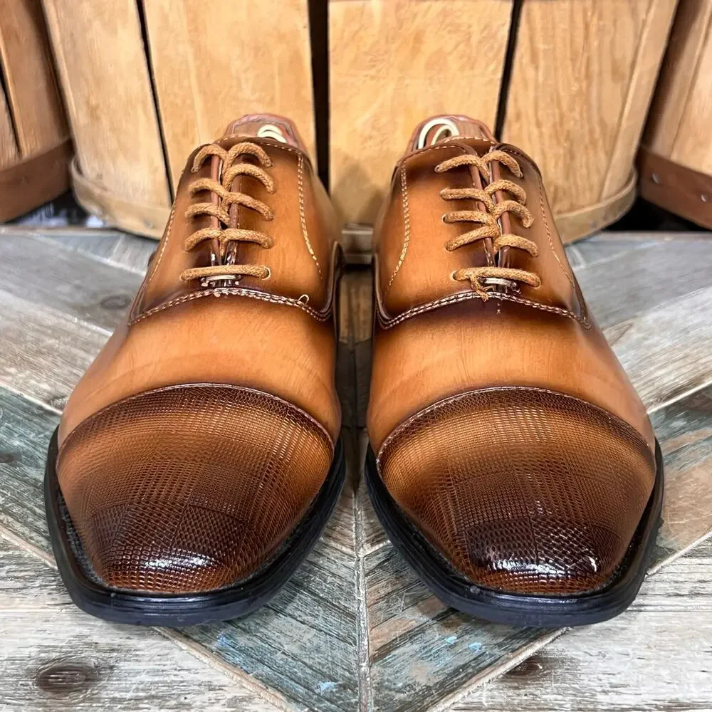 David Stone Burnished Tan Brown Faux Leather Cap Toe Oxfords Mens Size 8